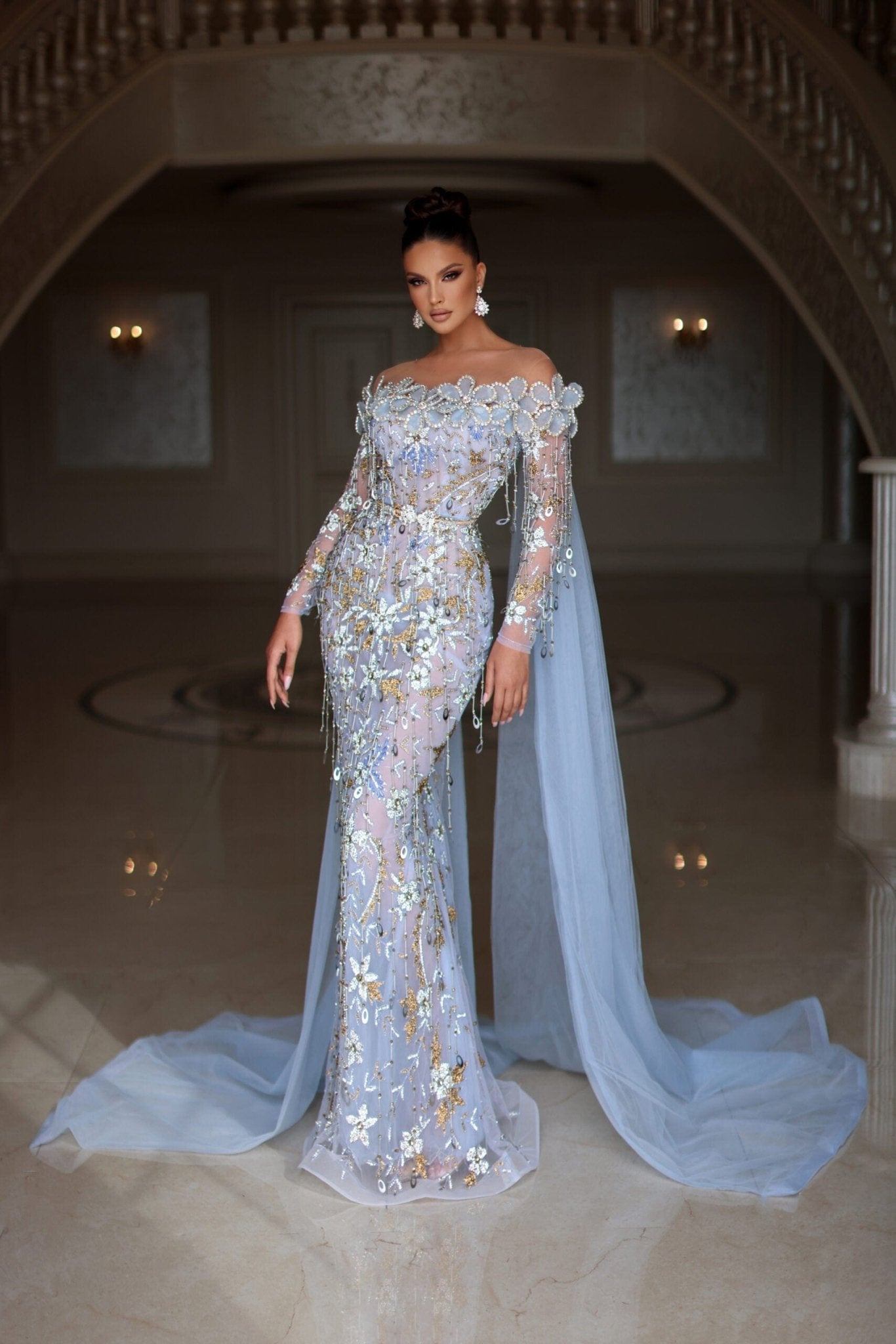 Baby Blue Dress with tulle capes