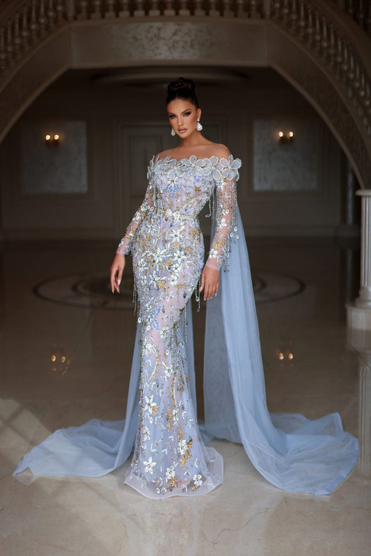 Baby Blue Dress with tulle capes