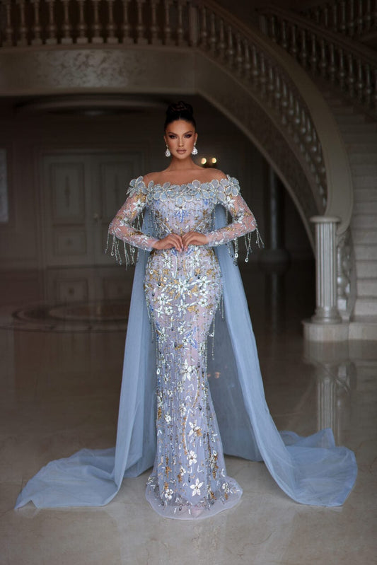 Couture light blue dress with off shoulder design