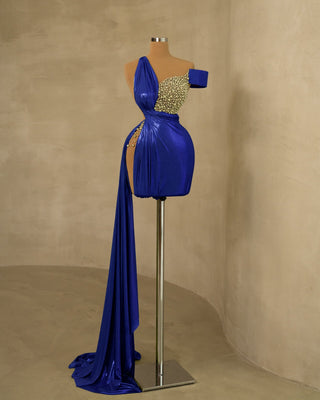 Stunning Side Tail Blue Dress Adorned with Pearls for Stylish Occasions
