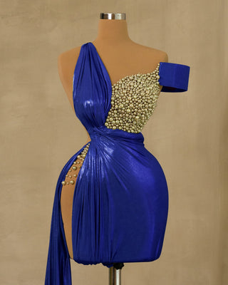 Elegant Blue Short Dress with Side Tail and Pearl Embellishments - Shop Now