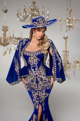 Elegant Sleeveless Blue Dress with Gold Embellishments