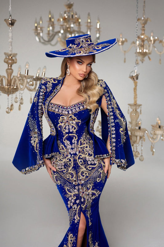 Elegant Sleeveless Blue Dress with Gold Embellishments