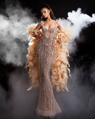 Long Beige Dress with Crystal Straps and Feather Cape