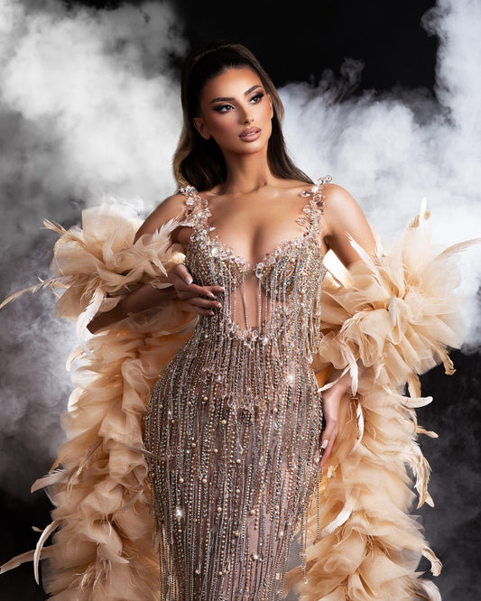 Elegant Beige Dress with Stones and Tassels