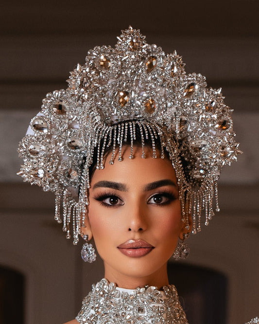 Bridal headpiece with stones, crystals, and tassels for wedding elegance