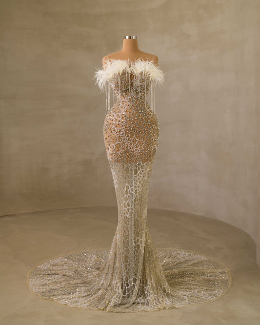 CrystalsFeathersLong DressWomen - Blini Fashion House
