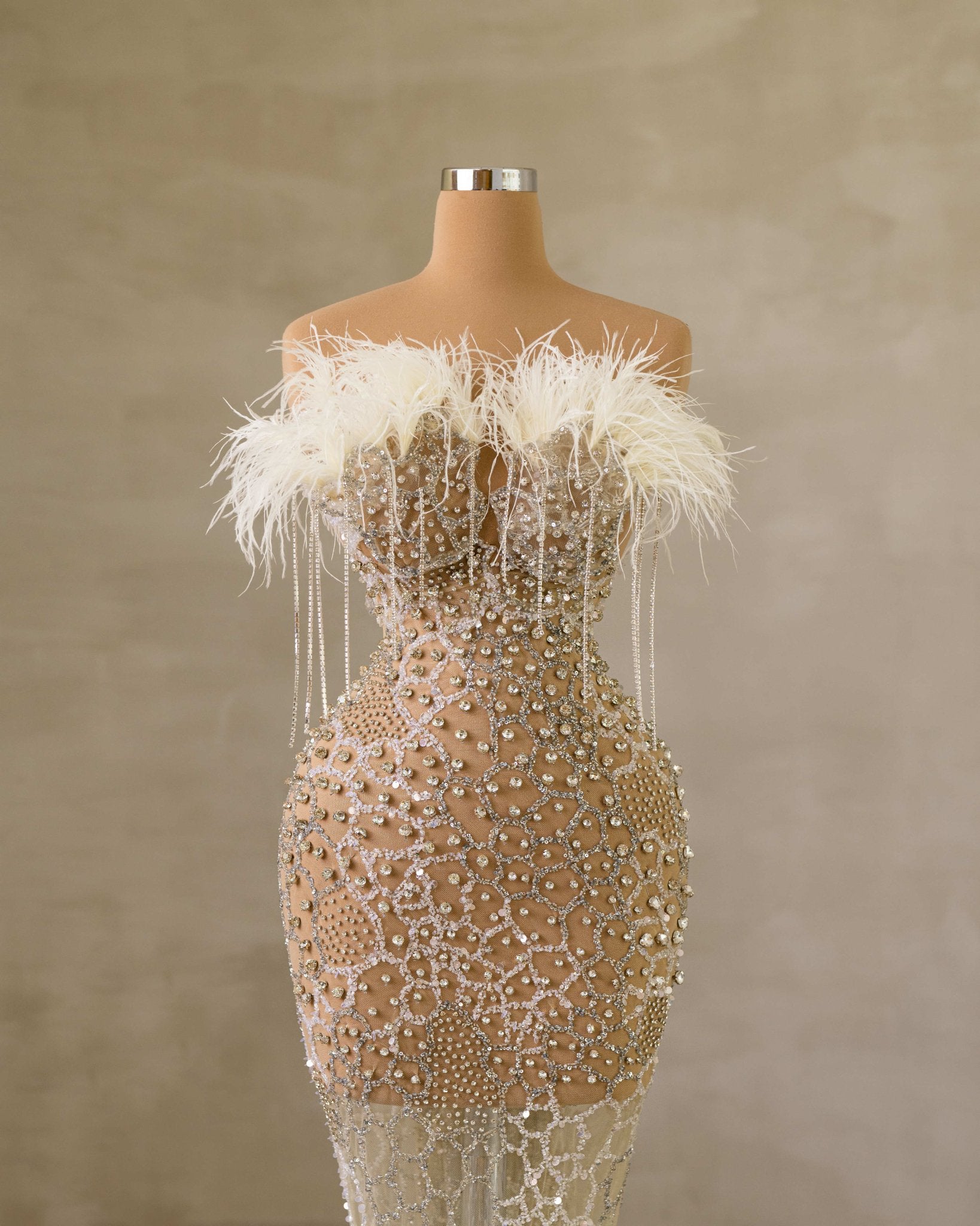 CrystalsFeathersLong DressWomen - Blini Fashion House