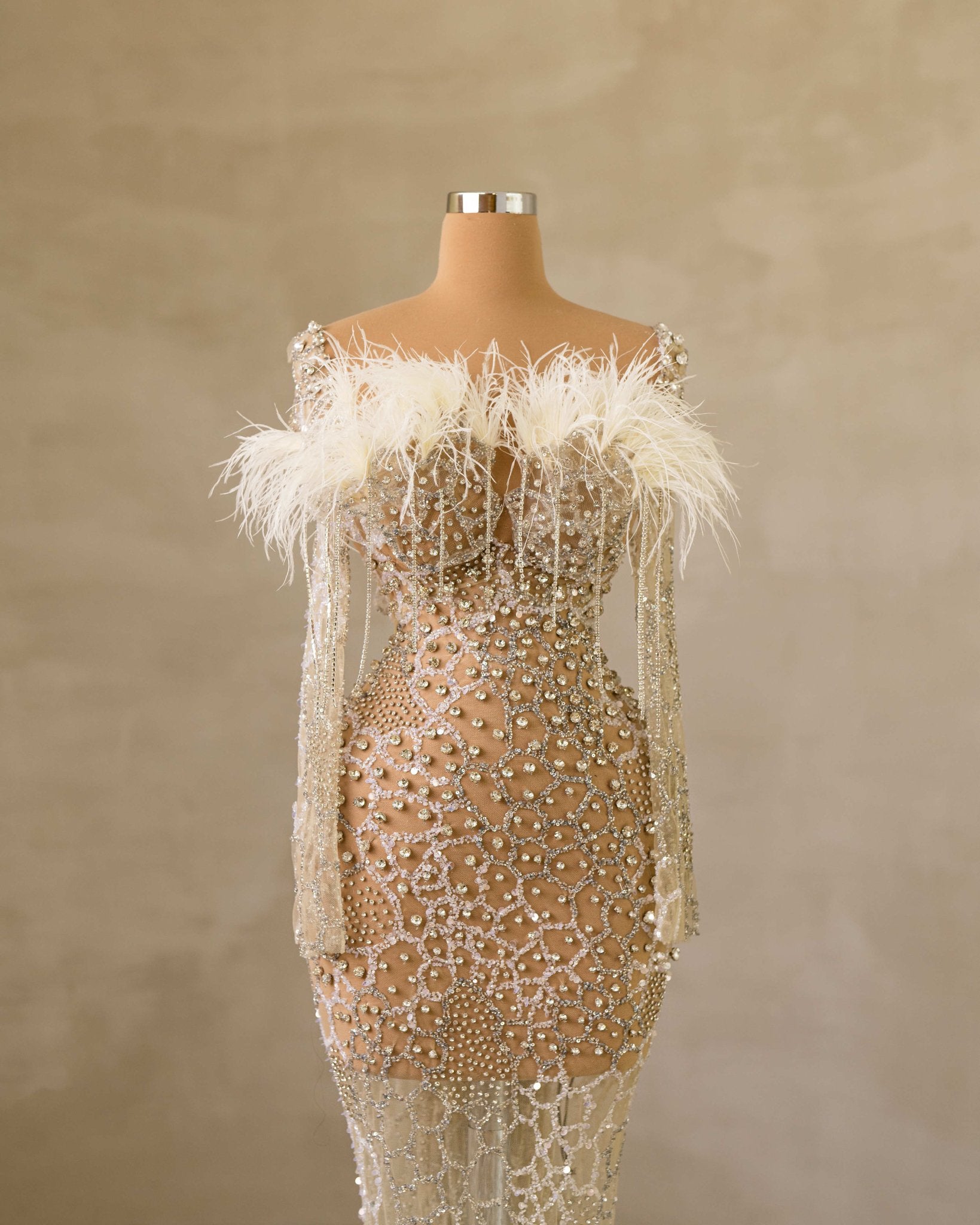 CrystalsFeathersLong DressWomen - Blini Fashion House