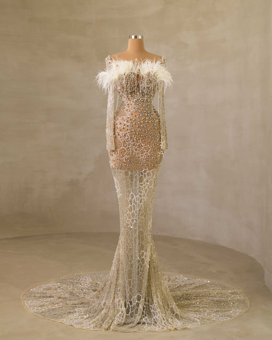 CrystalsFeathersLong DressWomen - Blini Fashion House