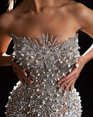 Close-up View of Shimmering Silver Lace and Crystal Details on Dress