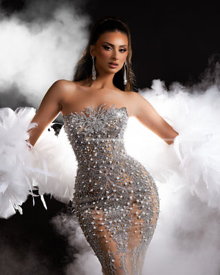 Luxury Strapless Silver Gown Adorned with Pearls and Stones