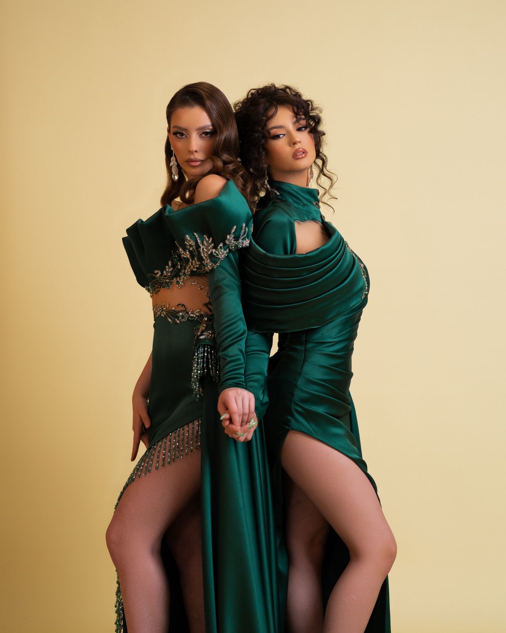 Fashionable Deep Slit Satin Green Dresses