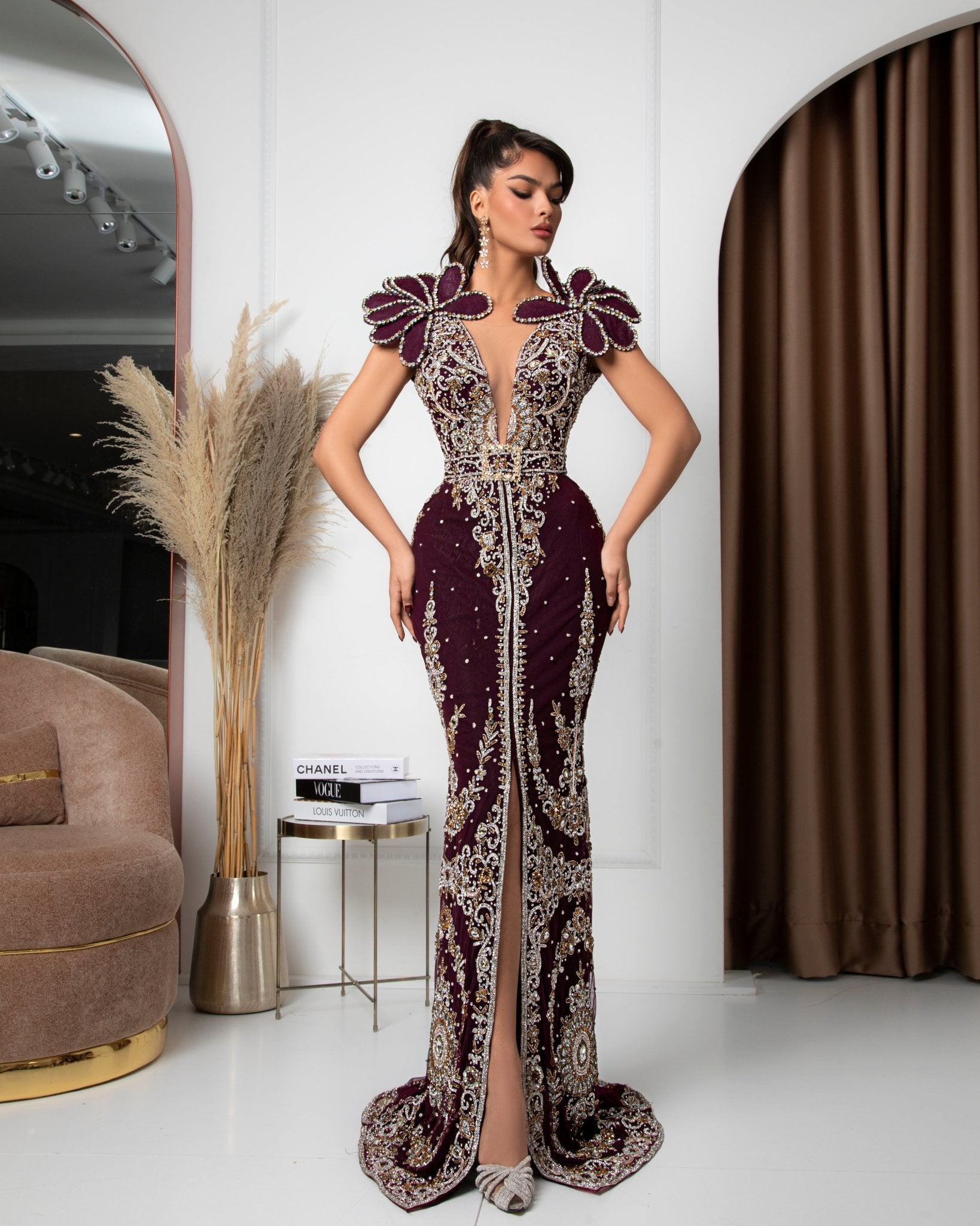 BeadsCrystalsDeep SlitWomen - Blini Fashion House