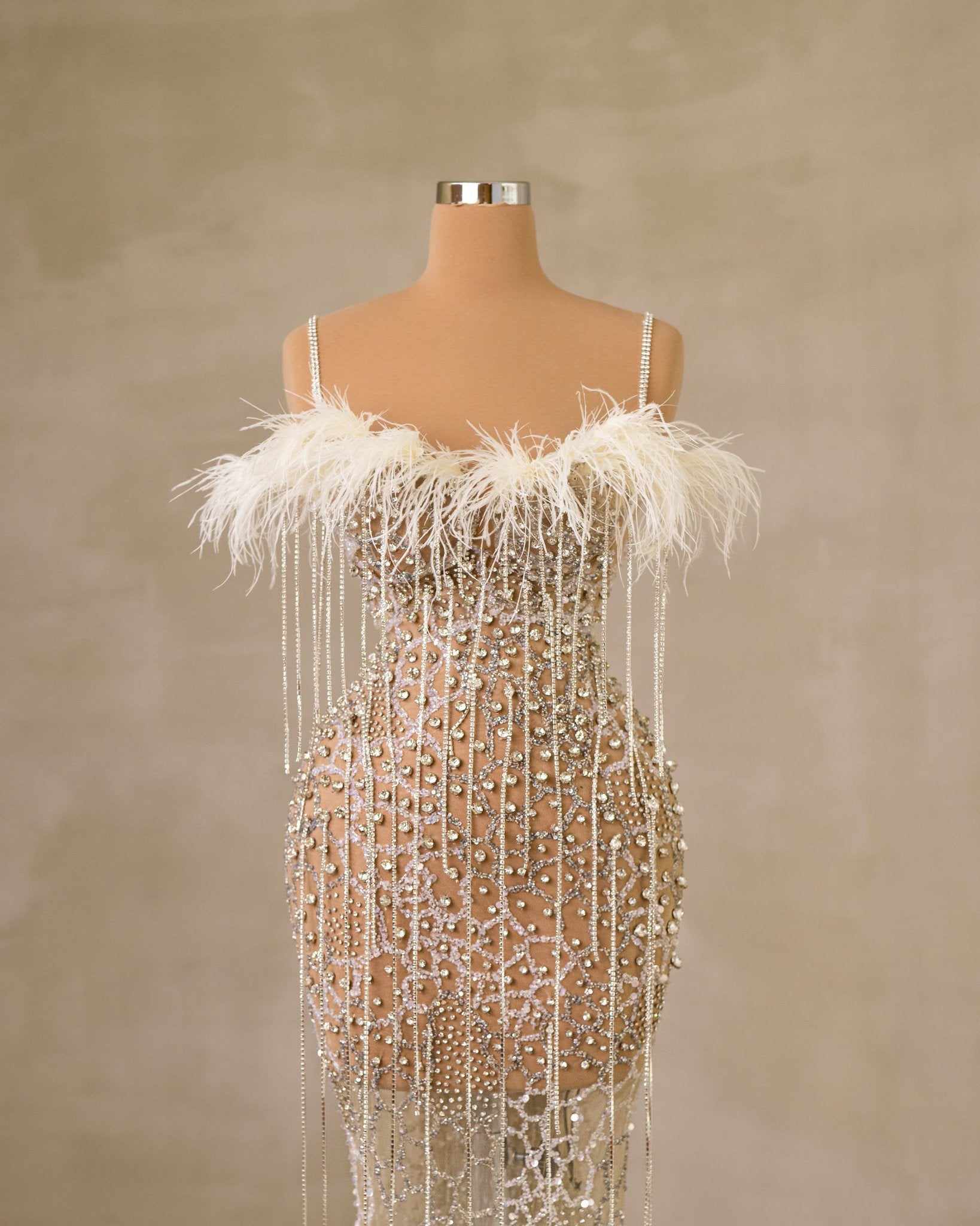 CrystalsFeathersLong DressWomen - Blini Fashion House