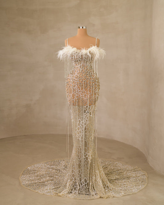 CrystalsFeathersLong DressWomen - Blini Fashion House