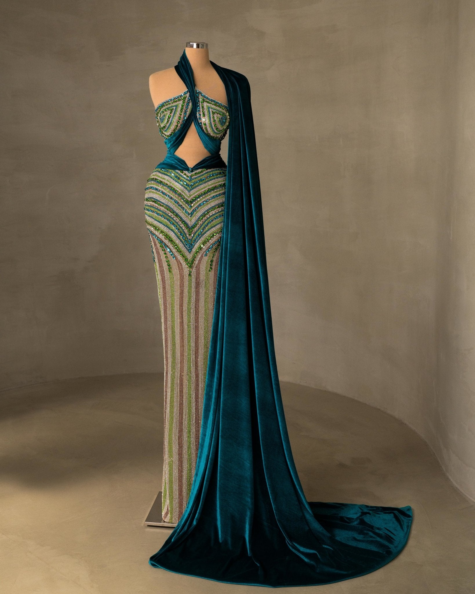 Elegant Evening Gown with Stone Embellishments in Luxurious Velvet