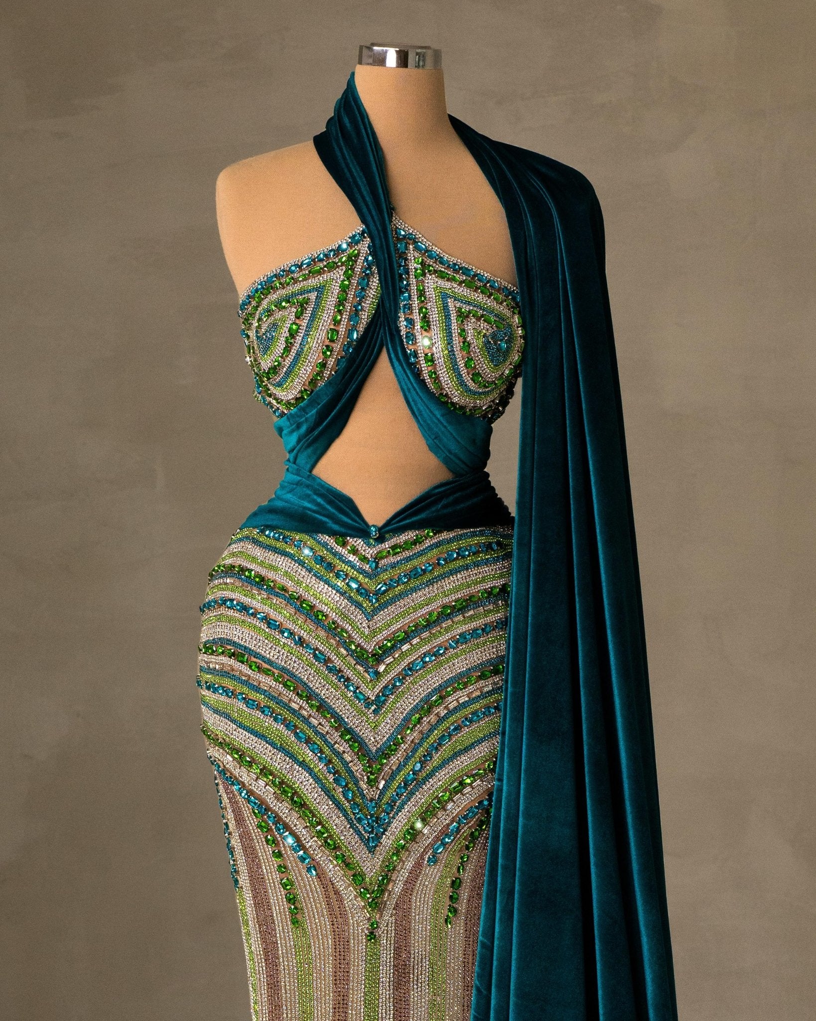 Velvet Dress Embellished with Stones - Front View