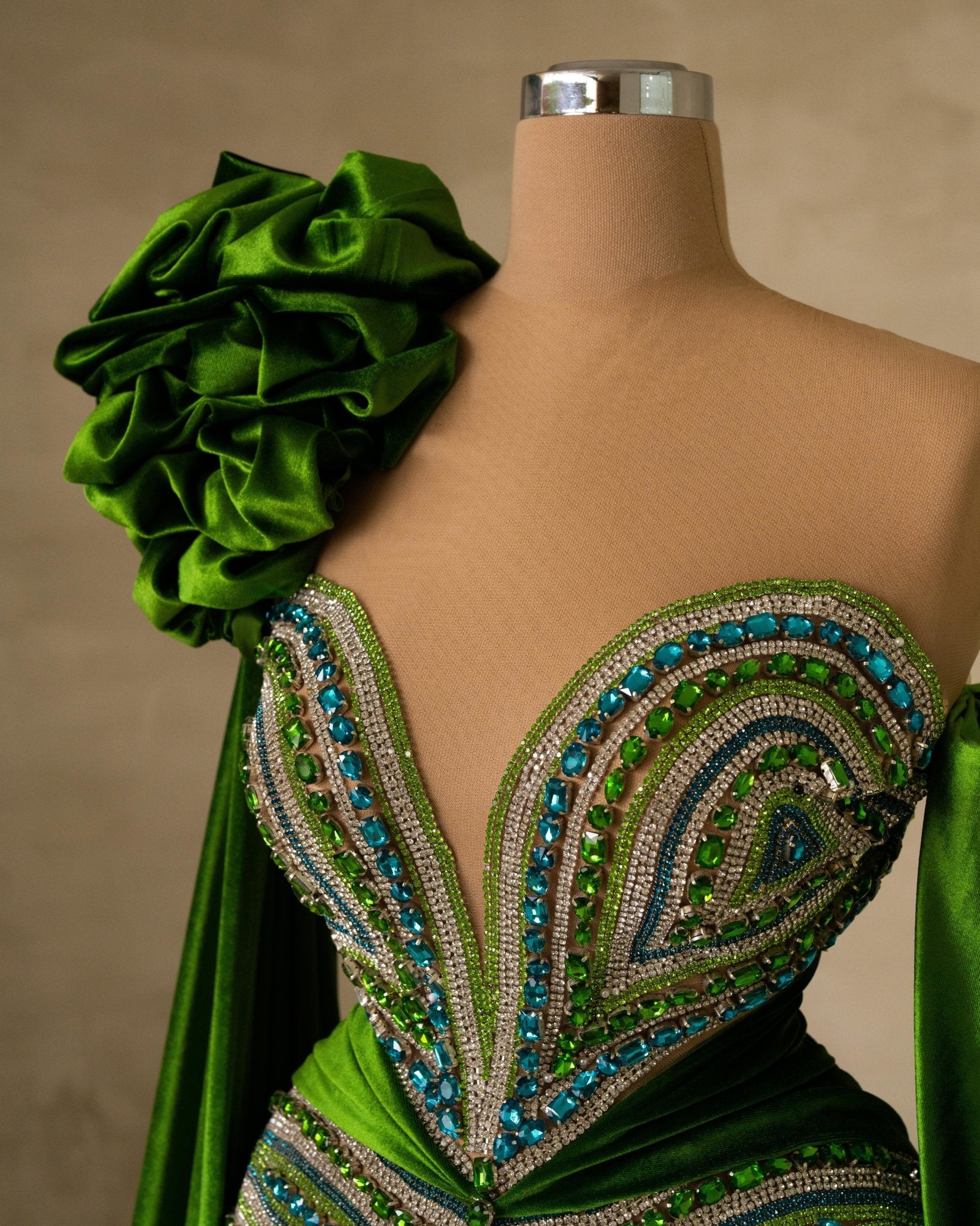 Detailed View of Embellished Velvet Dress with Stones