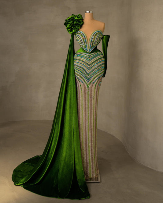 Elegant Evening Gown with Stone Embellishments in Luxurious Velvet