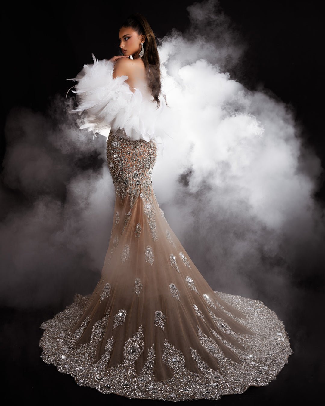 Back View of Silver Lace Evening Gown - Stunning Sleeveless Design with Crystals and Flowers