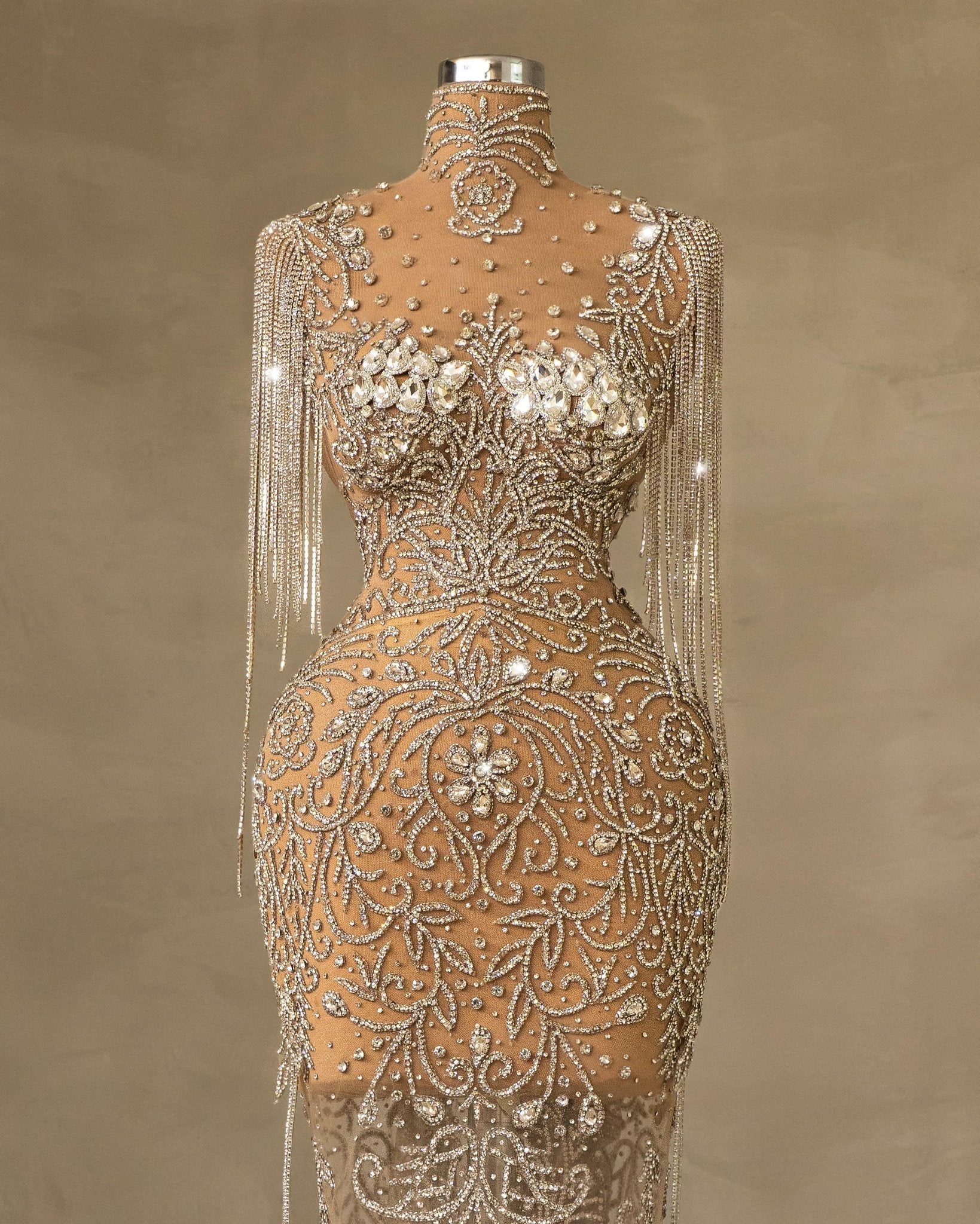 Silver Dress Embellished with Rhinestones and Tassels - Front View