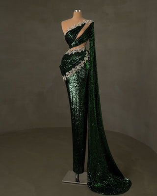 Elegant long green sequin dress adorned with silver details
