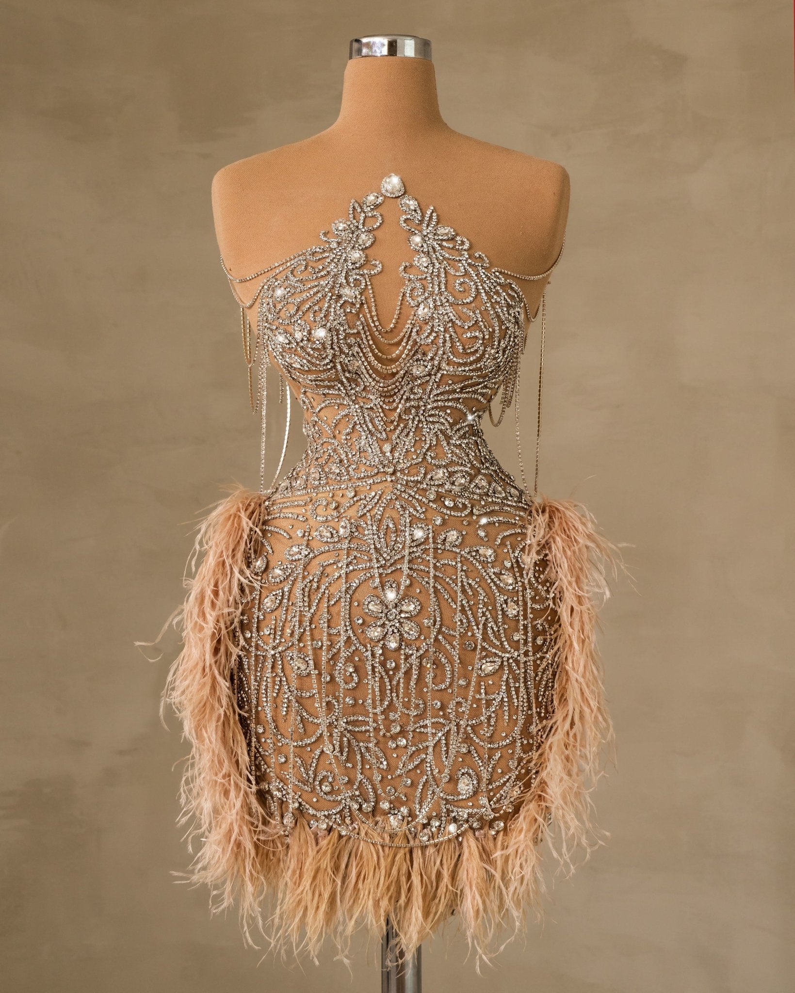 Stunning Silver Dress Adorned with Luxurious Feathers