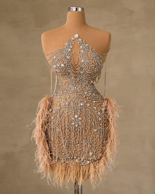 Stunning Silver Dress Adorned with Luxurious Feathers