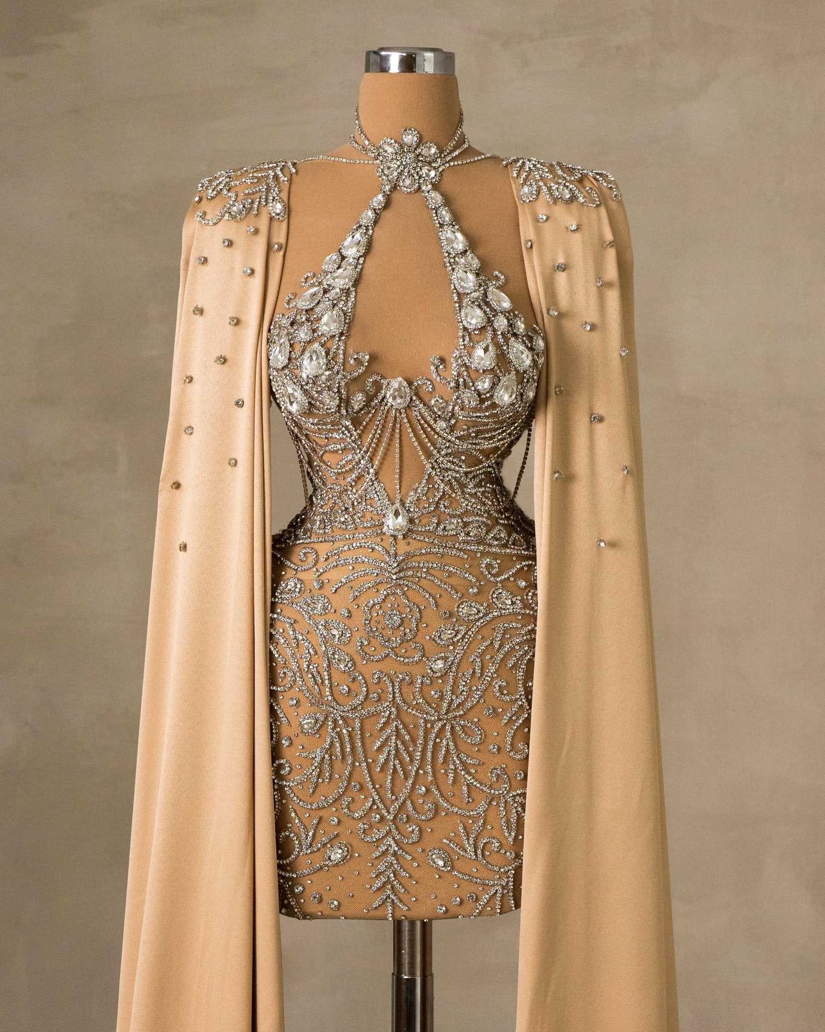 Silver Short Dress with Champagne Cape - Front View