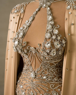 Intricate Embellishments and Design Details on Silver Evening Dress