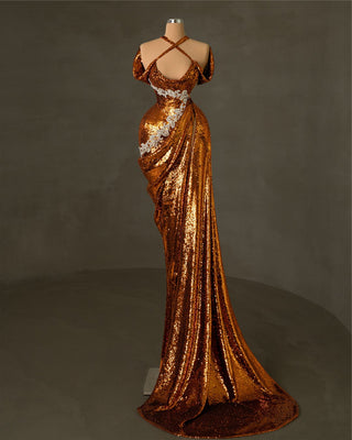 Elegant orange sequin dress embellished with silver details