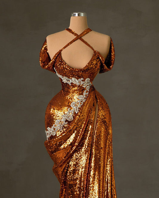 Vibrant orange sequin dress with asymmetrical neckline 