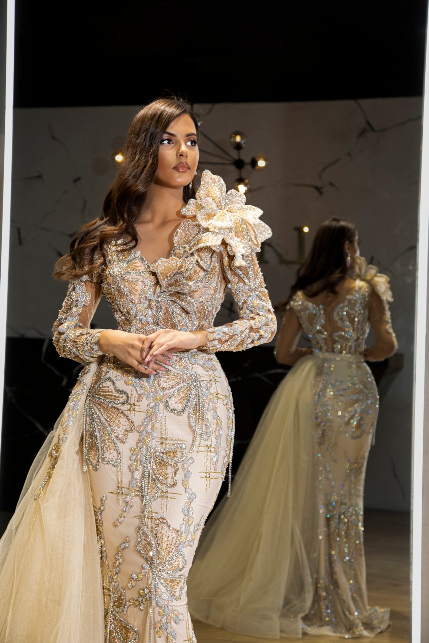 BeadsDeep V NecklineLong SleevesWomen - Blini Fashion House