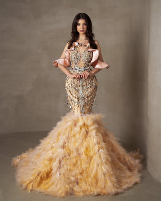 Milo Peach Dress Embellished with Feather, Stones, and Tassels