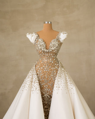 Stone Embellished Bridal Dress with Overskirt: A Symphony of Elegance