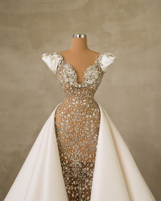 Exquisite Stone Embellished Bridal Dress with Overskirt