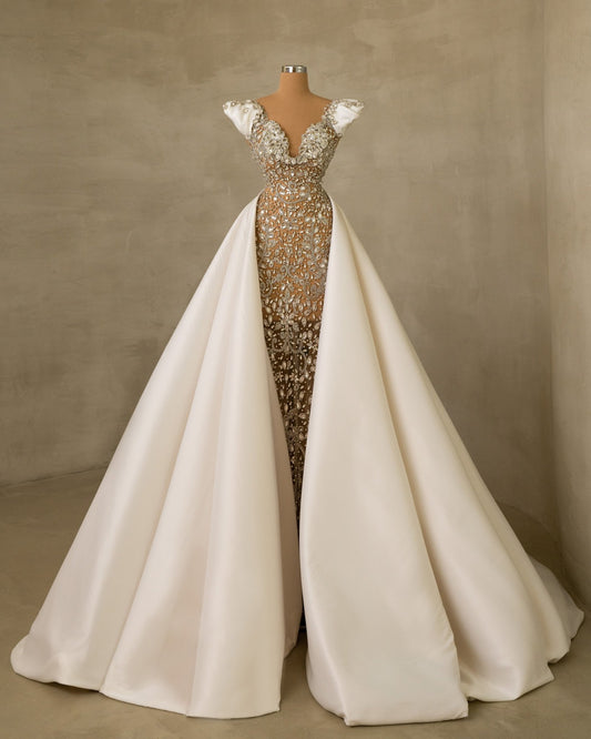 Stone-Adorned Bridal Gown with Gorgeous Overskirt