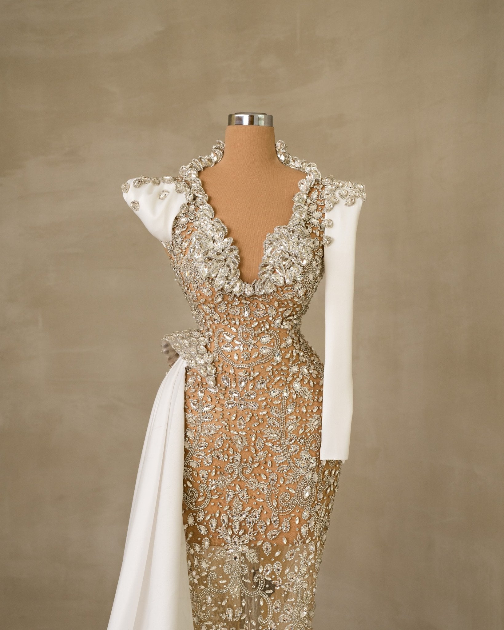 One-Shoulder Side-Tail Bridal Dress with Crystal Embellishments