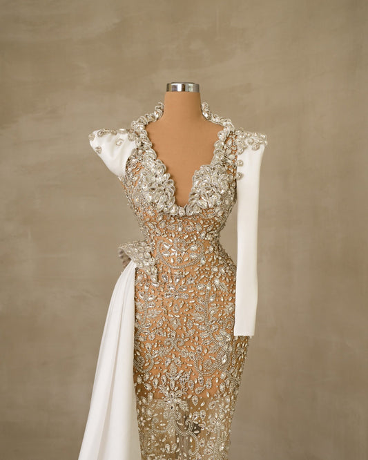 One-Shoulder Side-Tail Bridal Dress with Crystal Embellishments