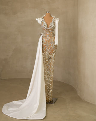 Crystal Embellished One-Shoulder Bridal Gown: Side-Tail Elegance