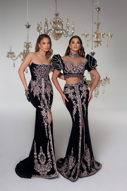 Stylish Black Velvet Ensembles -  Dreses with Gemstone Embellishments