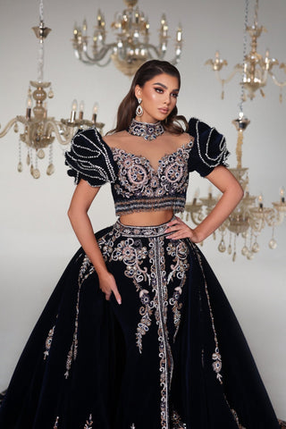 Elegant Two Piece Black Velvet Dress - Luxurious Velvet Fabric and Gemstone Details
