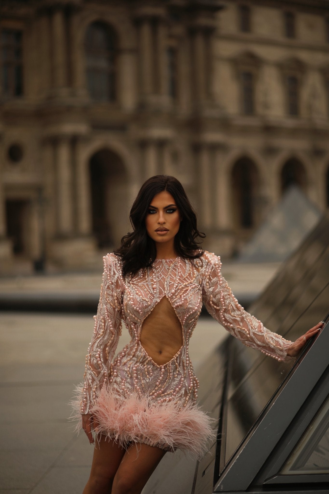 Blini's pink dress on Miranda Karpuzi for a glamorous photoshoot