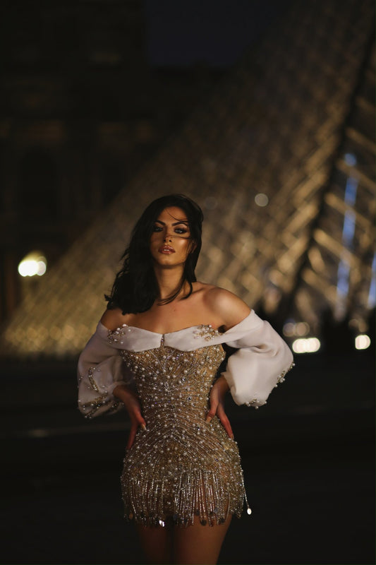 Blini's dress with exquisite pearl embellishments on Miranda Karpuzi