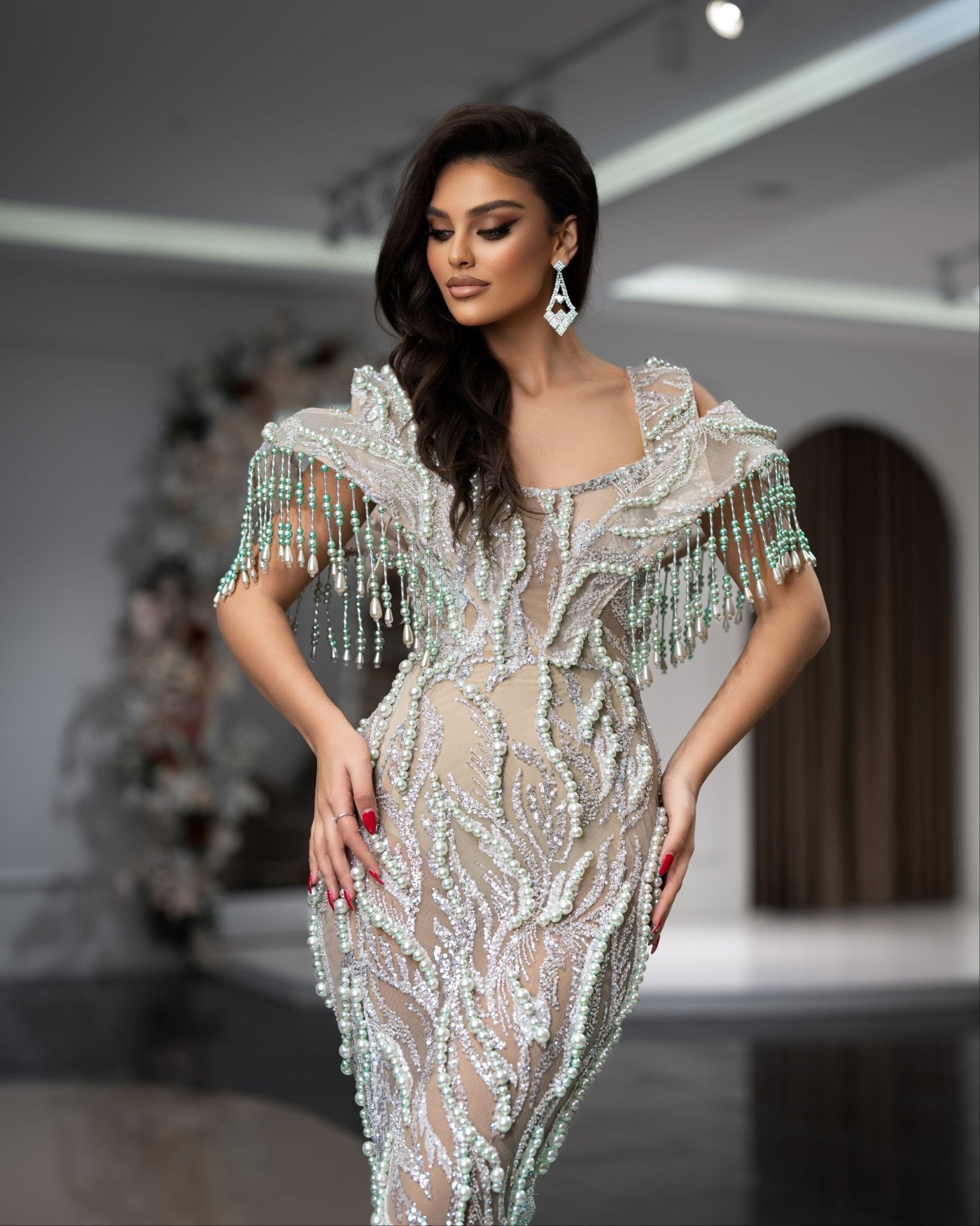 Elegant Asymmetrical Neckline Lace Dress with Bead Embellishments in Aqua