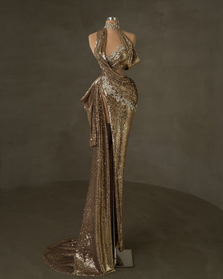 Gold Sequin Dress with Asymmetrical Neckline and Silver Embellishments