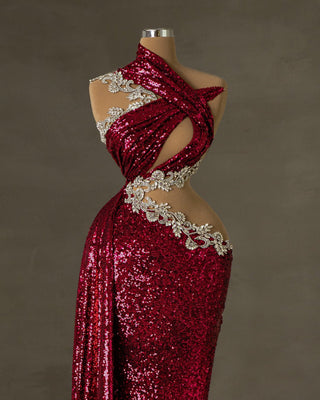 Pink Sequin Dress - Elegant Evening Gown with Asymmetrical Neckline and Silver Embellishments