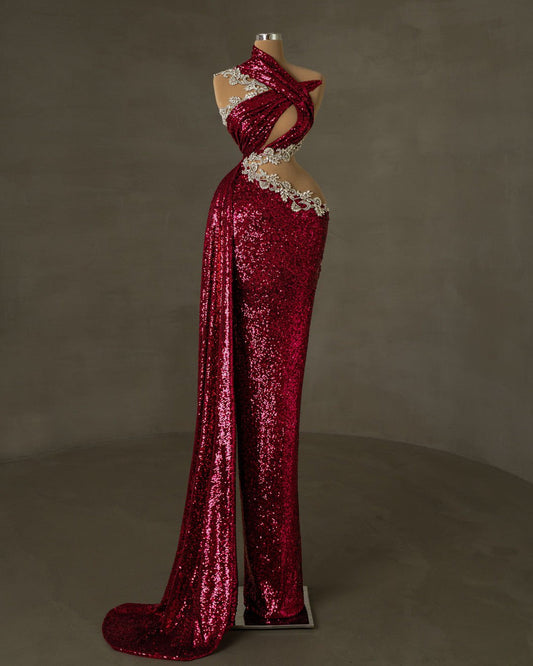 Long Pink Sequin Dress - Glamorous Dress with Cut-Outs and Side Tail