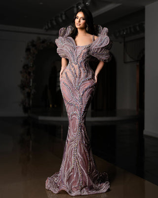 Shimmering Crystal Embellished Bodice on a Regal Purple Lace Dress